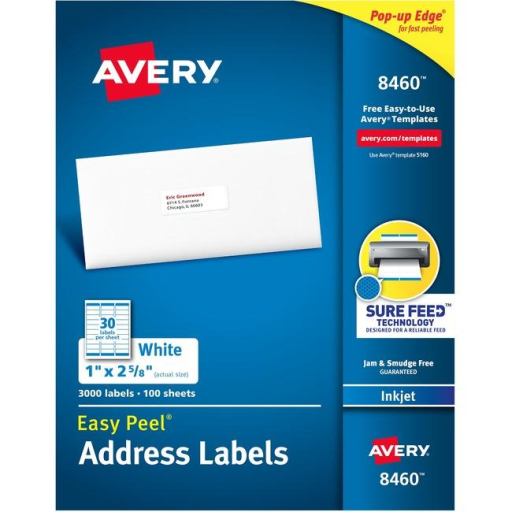 8460 WHITE, EASY PEEL, 2 5/8" X 1", PERMANENT, 100 SHEETS/B