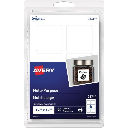 2374 Avery? Multi-Purpose Removable Labels for Laser and Inkjet Printers, 1?" x 1?" Removable Matte White Paper / White / Removable