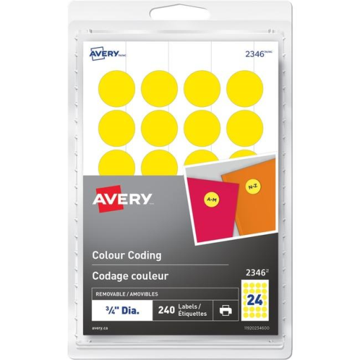 2346 Avery? Removable Colour Coding Labels for Laser and Inkjet Printers, ?" Yellow / Removable