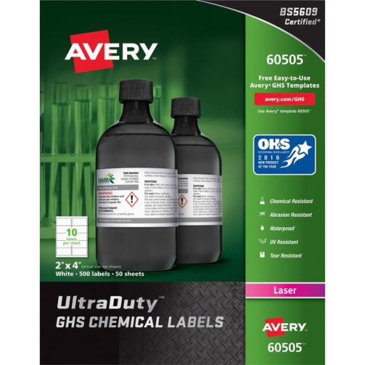 Avery Laser Ultraduty Industrial Labels 2" x 4", Permanent, White, 50 sheets/box, 500 labels/box
