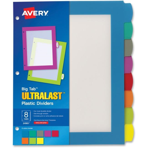 Avery Print or Write Big Tab UltraLast Dividers, 8 Tab Multi-Colour, 1 Set