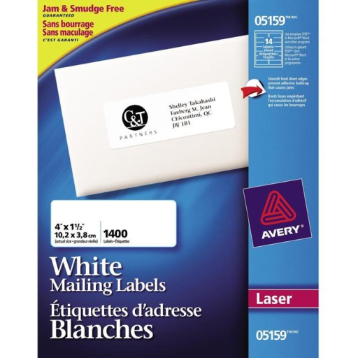 5159 Avery? White Rectangle Labels 1?" x 4", Permanent Adhesive, for Laser and Inkjet Printers, Matte White Paper / White / Permanent