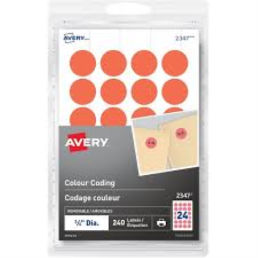 2347 Avery? Removable Colour Coding Labels for Laser Printers, ?" Neon Red / Removable