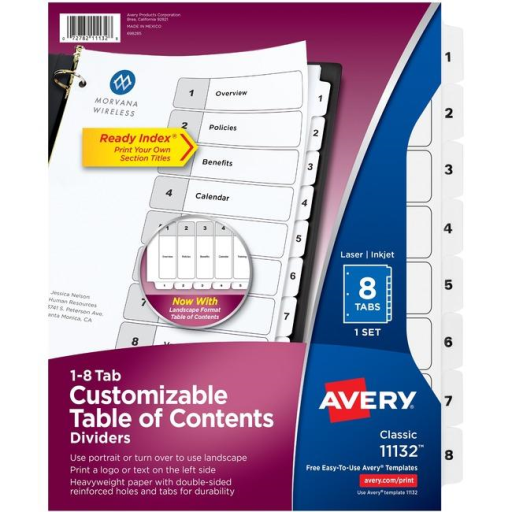 11132 READY INDEX TABLE OF CONTENTS DIVIDERS, 8 TAB, 1 SET,