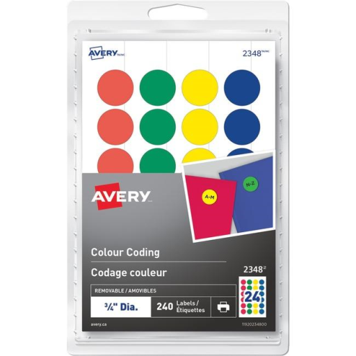 2348 Avery? Removable Colour Coding Labels for Laser and Inkjet Printers, ?" Assorted Colours / Removable