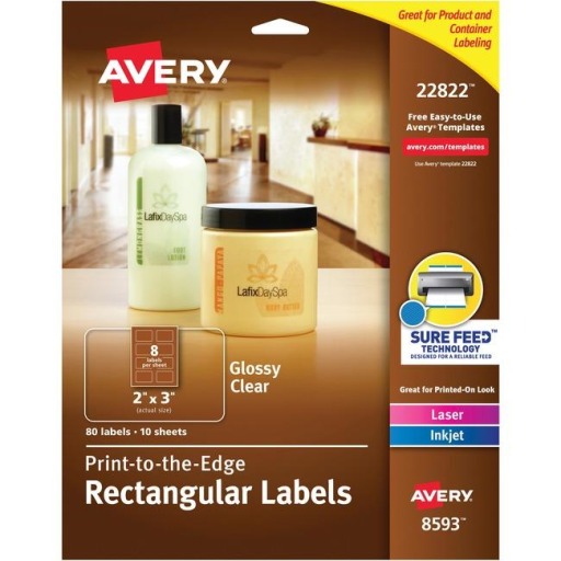 22822 GLOSSY CLEAR RECTANGULAR LABELS, 2" X 3", 10 SHTS/ENV.