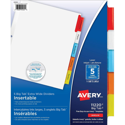 BIG TAB INSERTABLE DIVIDERS, 5 TAB, 1 SET, EXTRA WIDE