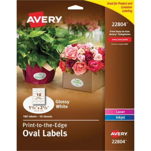 22804 GLOSSY WHITE OVAL LABELS, 1 1/2" X 2 1/2", 10 SHTS/ENV