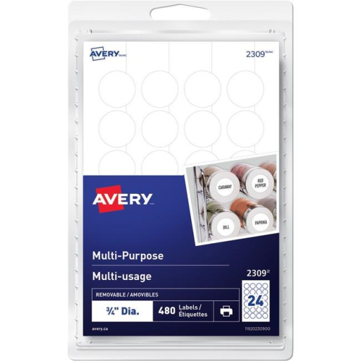 Avery? Multi-Purpose Removable Labels for laser and inkjet printers, ?" Removable Matte White Paper / White / Removable