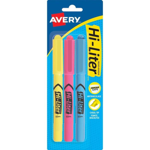 Avery Blister Card Hi-Liter 3pk Pen Style, Chisel Tip, Assorted Fluorescent - Yellow, Pink, Blue