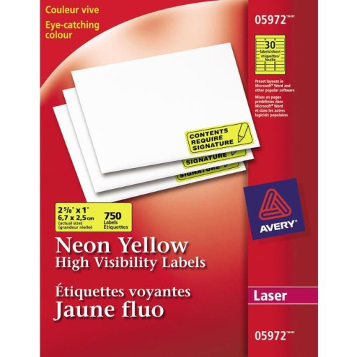 Avery Laser/Inkjet Neon Labels, 1" x 2?", Neon Yellow, Permanent, 25 sheets/env, 750 labels/env