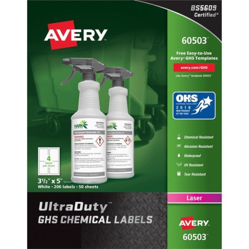 Avery Laser Ultraduty Industrial Labels 3?" x 5", Permanent, White, 50 sheets/box, 200 labels/box