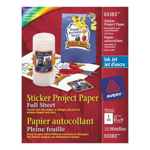 3383 STICKER PROJECT PAPER, REMOVABLE, 8 1/2" X 11", 15 SHEE