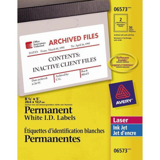 6573 I.D. LABELS, 8 1/8" X 5", PERMANENT, 15 SHEETS/ENV., 30