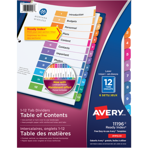 READY INDEX TABLE OF CONTENTS DIVIDERS, 12 TAB, 6 SETS