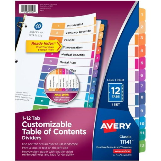 11141 READY INDEX TABLE OF CONTENTS DIVIDERS, 12 TAB, 1 SET,