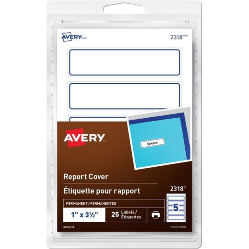 Avery Print or Write Report Cover Labels 1" X 3?", Permanent, White w Blue Border, 25/pkg