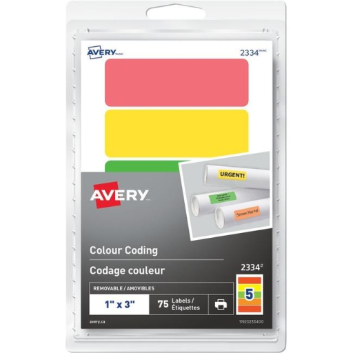 2334 Avery? Removable Rectangular Colour Coding Labels for Laser or Inkjet Printers, 1" x 3"  Assorted Colours / Removable