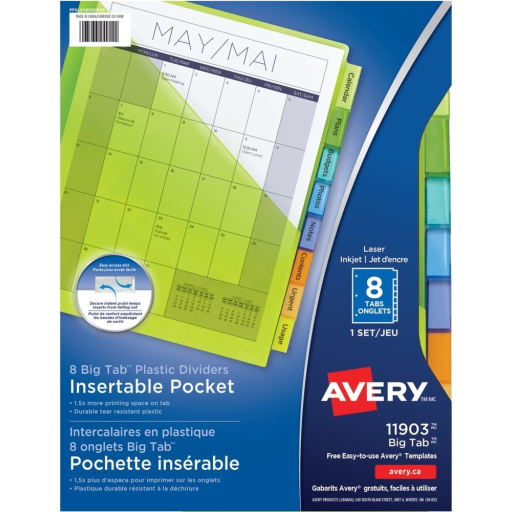 PLASTIC POCKET DIVIDERS, 8 TAB, 1 SET, MULTICOLOUR
