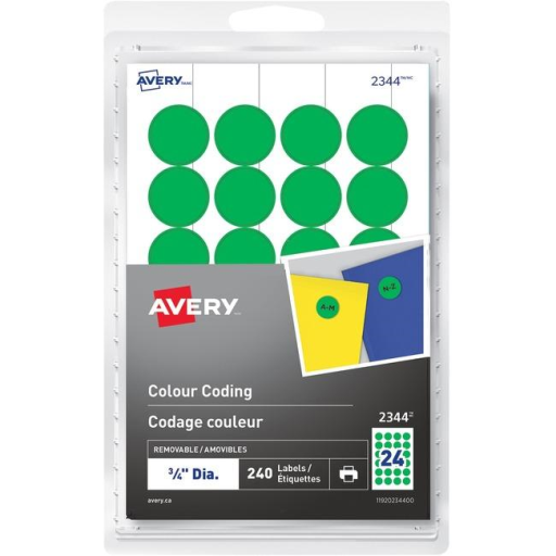 Avery Print or Write Colour Coding Labels ?" Round, Removable, Green, 240/pkg