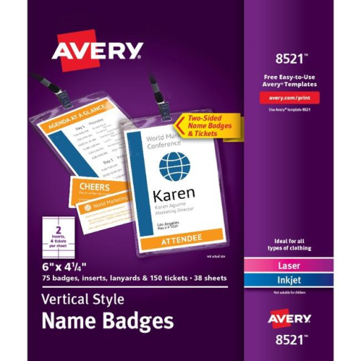 Avery Laser/Inkjet Vertical Style 6" x 4?" Name Badge Kit (Inserts, Holders, Lanyard, x2 Tickets), 75/box