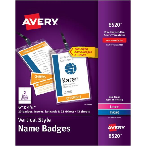 Avery Laser/Inkjet Vertical Style 6" x 4?" Name Badge Kit (Inserts, Holders, Lanyard, x2 Tickets), 25/box