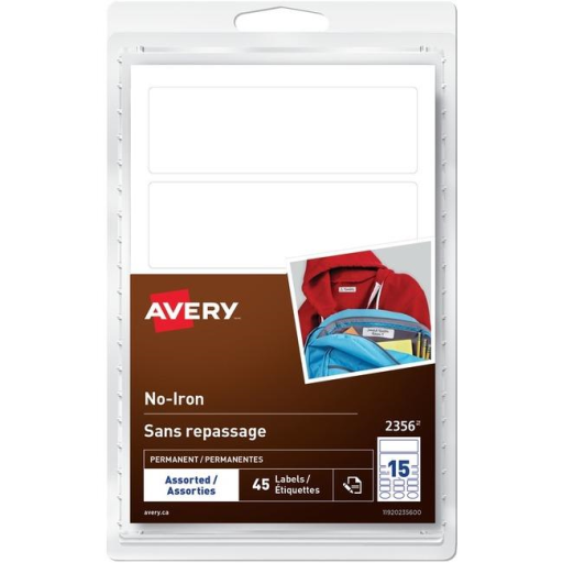 Avery Hand-write No-Iron Clothing Labels, Asstd Shapes & Sizes, White, 45 labels/pkg