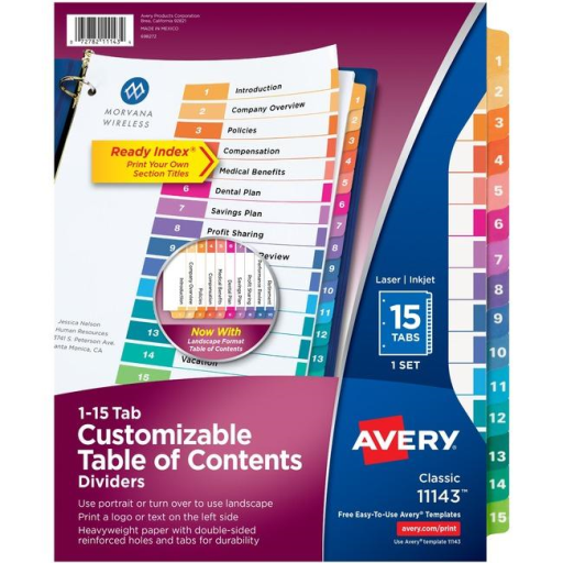 11143 READY INDEX TABLE OF CONTENTS DIVIDERS, 15 TAB, 1 SET,