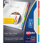 CLEAR EASY VIEW DIVIDERS 5-TAB, MULTI-COLORED TABS AND
