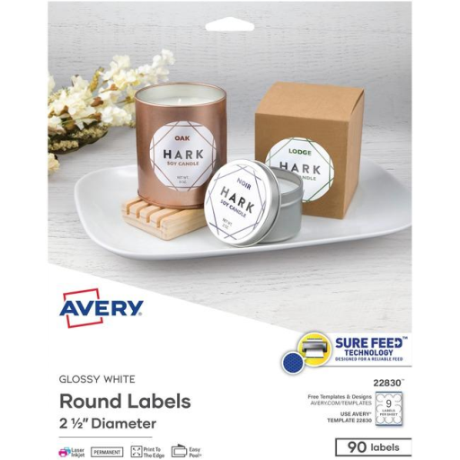 22830 GLOSSY WHITE ROUND LABELS, 2 1/2" DIA., 10 SHTS/ENV.,