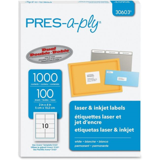 30603 PRESAPLY LABEL, LASER, 2" X 4" WHITE, 1000 LABELS