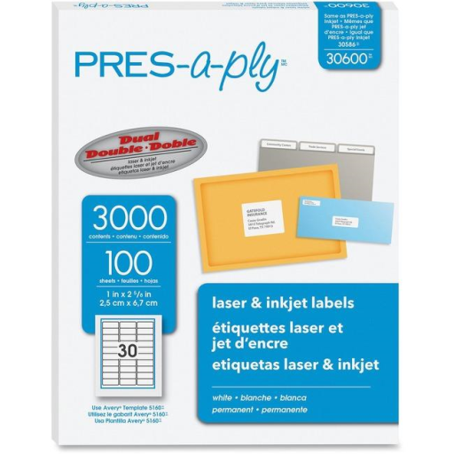 30600 PRESAPLY LABEL, LASER, 1" X 2 5/8" WHITE, 3000 LABEL