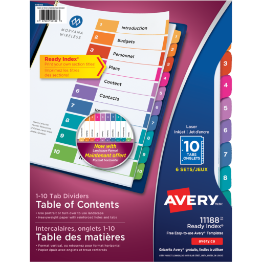 11188 READY INDEX TABLE OF CONTENTS DIVIDERS, 10 TAB, 6 SETS