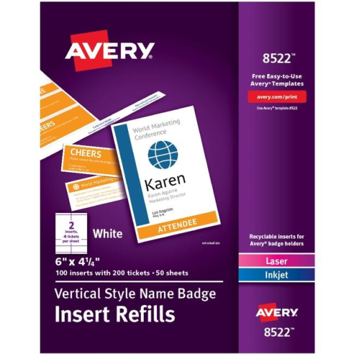 Avery Laser/Inkjet   Vertical Style Refills, 6" x 4?", White Cardstock (Insert, x2 Tickets), 100/box