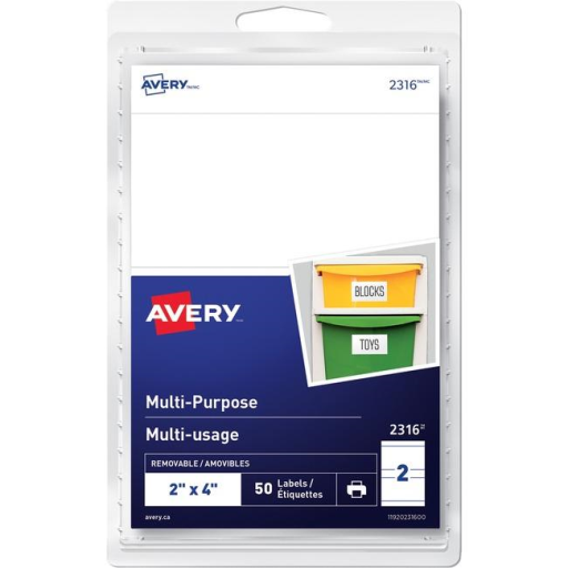 2316 Avery? Multi-Purpose Removable Labels for laser and inkjet printers, 2" x 4"  Removable Matte White Paper / White / Removable