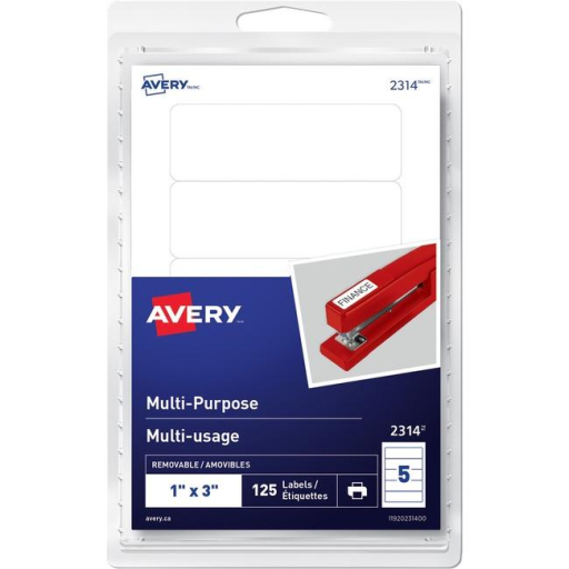 Avery? Multi-Purpose Removable Labels for Laser and Inkjet Printers, 1" x 3"  Removable Matte White Paper / White / Removable