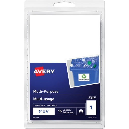 Avery? Multi-Purpose Removable Labels for Laser and Inkjet Printers, 6" x 4"  Removable Matte White Paper / White / Removable