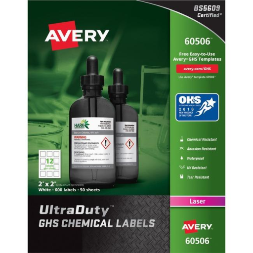 Avery Laser Ultraduty Industrial Labels 2" x 2", Permanent, White, 50 sheets/box, 600 labels/box